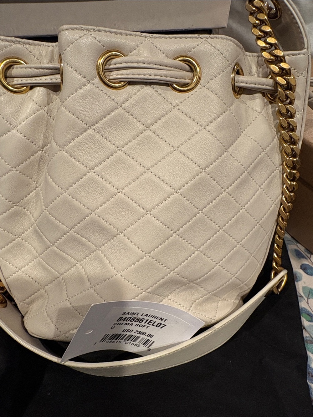 Saint Laurent Quilted Cream Leather Drawstring Bucket Bag with Gold Chain